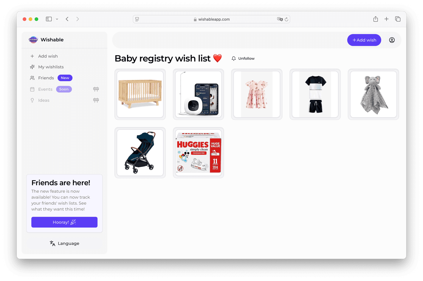 Baby registry preview, where you can see a list of items with images and links to the shops